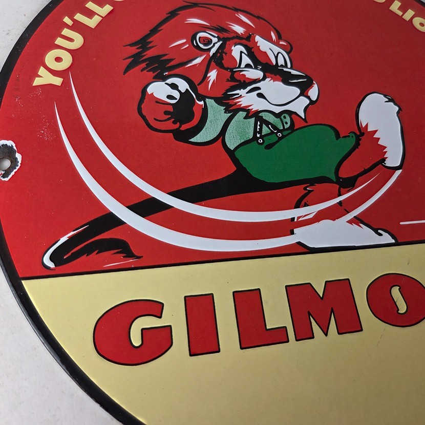 Vintage Gilmore Pump Sign – Porcelain Gasoline Red Lion Service Station Sign