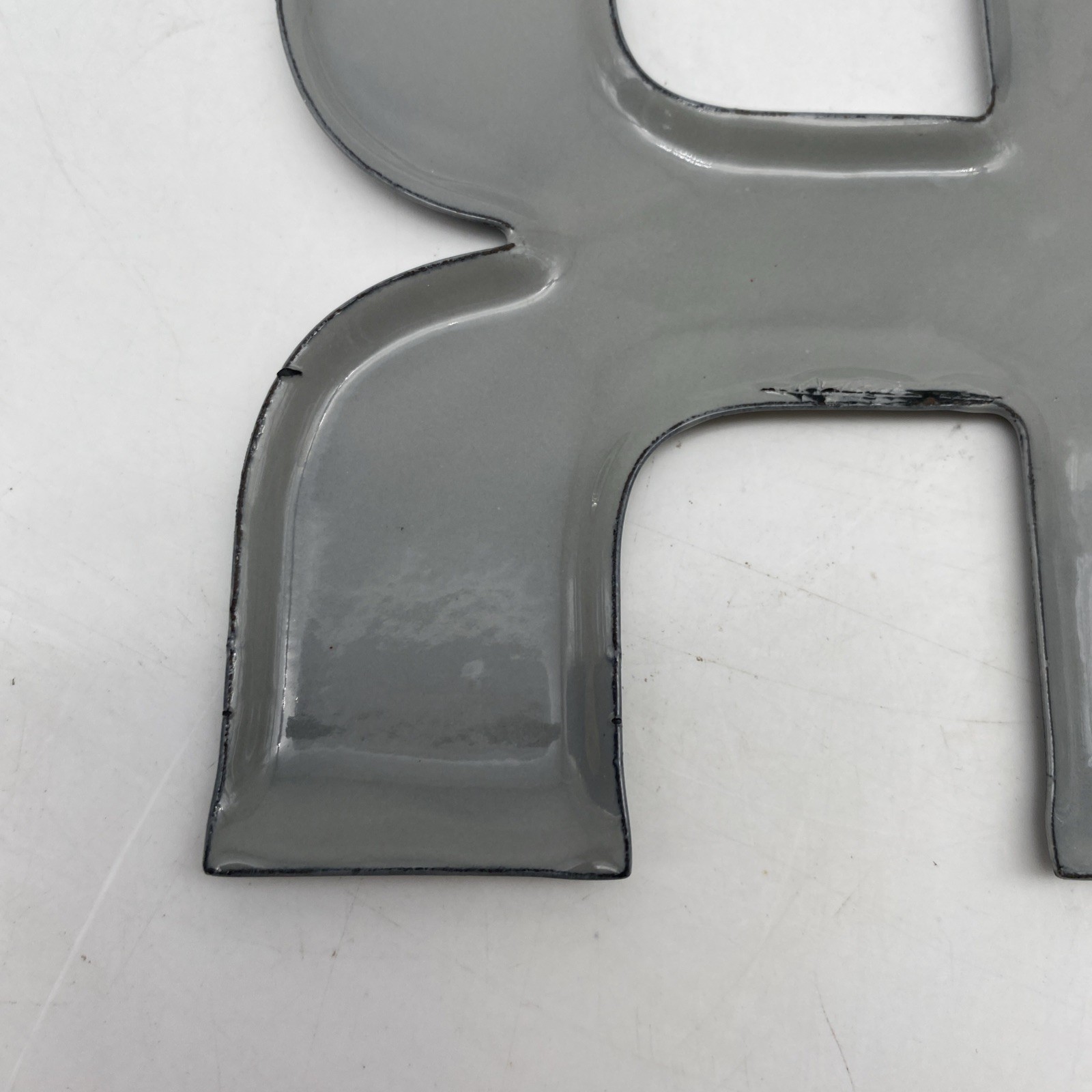 Vintage gray Porcelain Letter “R” Metal enamel 5.75” 5 3/4” grey