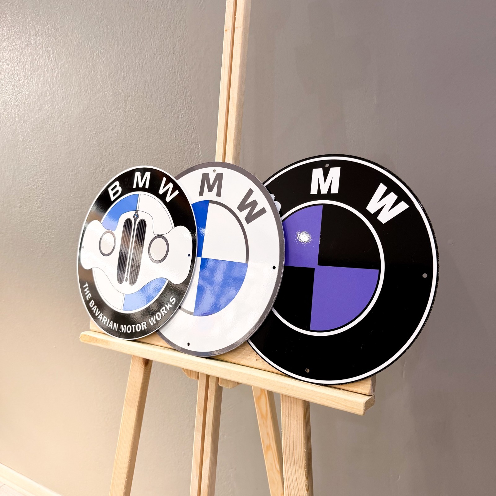 BMW Logo Set (3 PCS) Metal Signs – Classic, Grille & Black Purple – 30 cm (11.8”