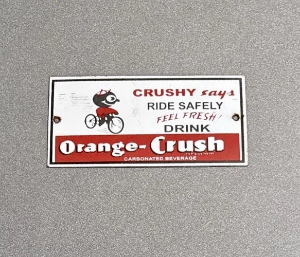 VINTAGE ORANGE CRUSH SODA COLA PORCELAIN SIGN CAR GAS TRUCK MOTORCYCLE OIL