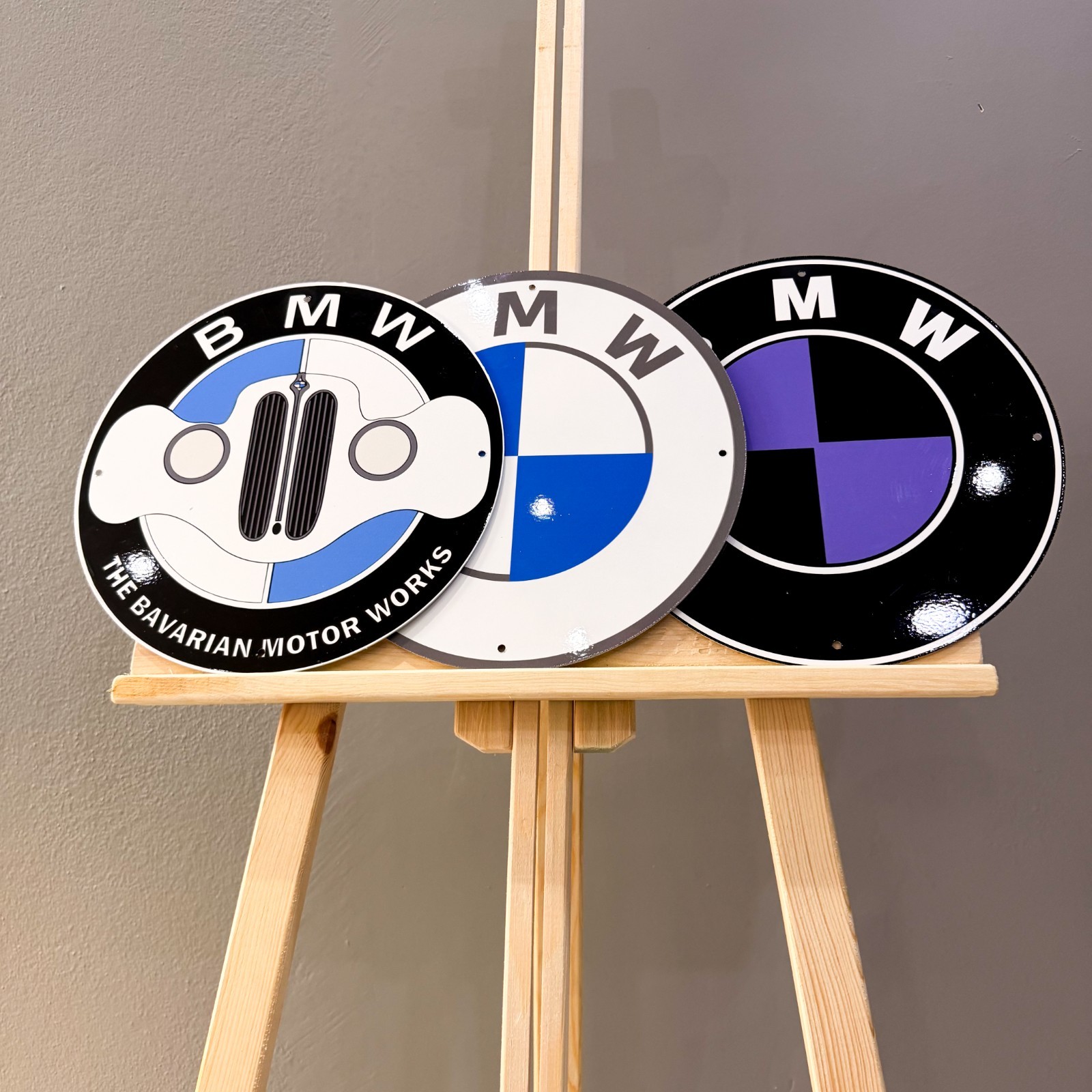 BMW Logo Set (3 PCS) Metal Signs – Classic, Grille & Black Purple – 30 cm (11.8”