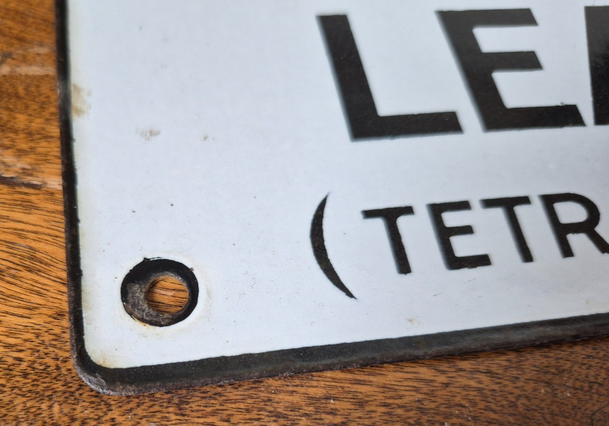 Old Original Vintage Porcelain CONTAINS LEAD (Tetraethyl) Gas Pump Plate Sign