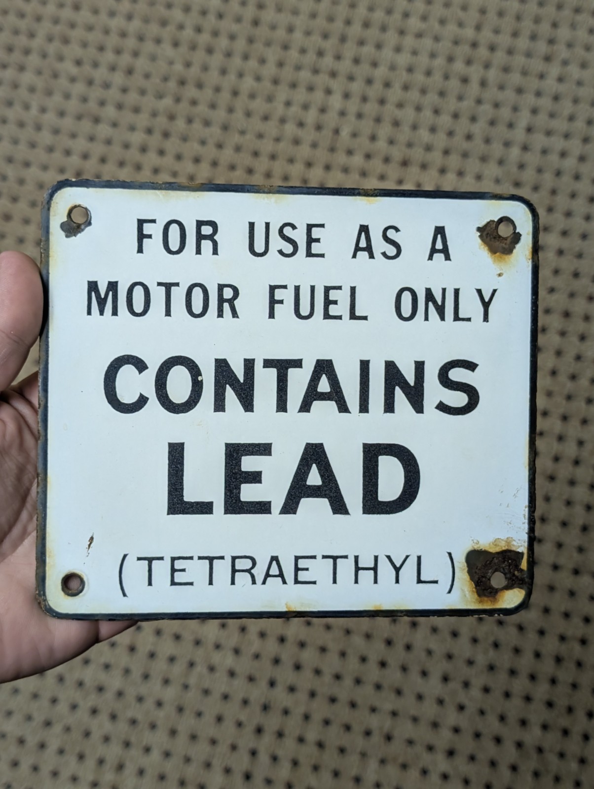 Vintage 1940s Gas Pump Porcelain Motor Fuel Only Contains Lead Tetraethyl Sign