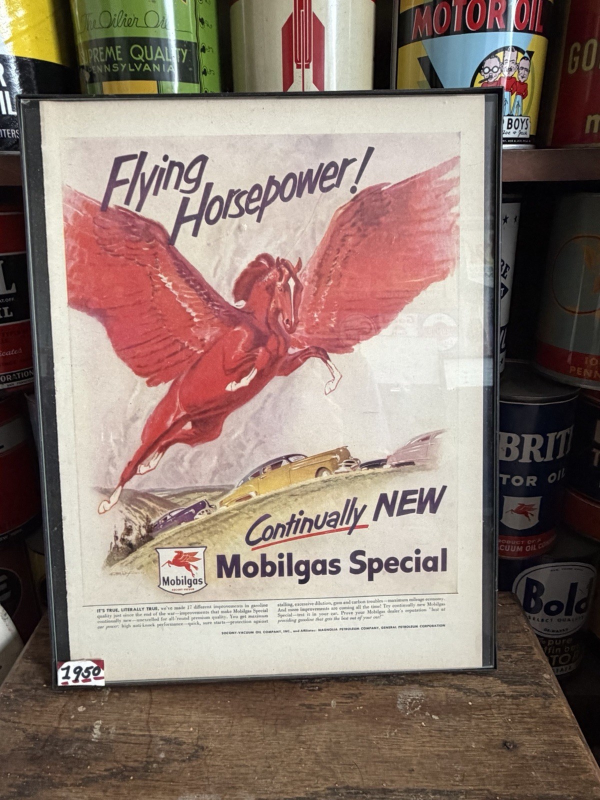 1950 Mobil Gas Framed Pegasus Orignal Sign Antique Old Mobilgas Motor Oil Shield