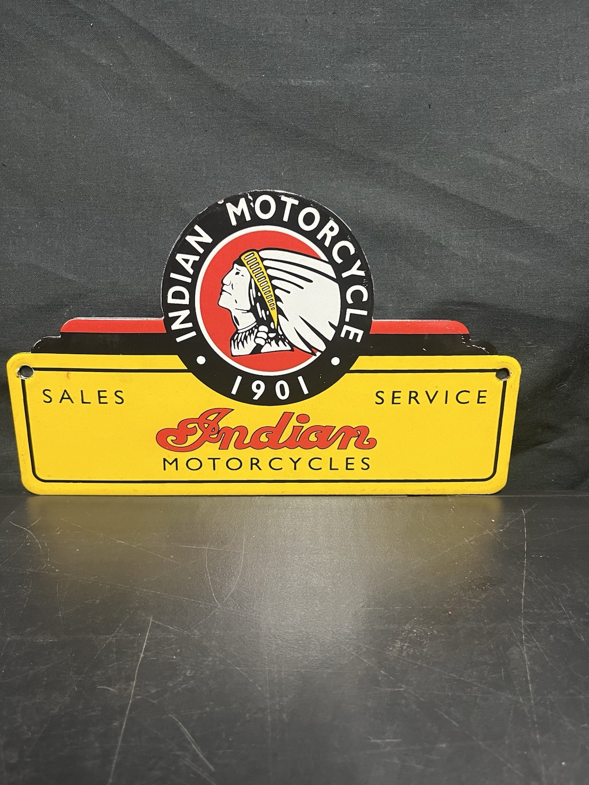 INDIAN MOTORCYCLE PORCELAIN ENAMEL PUSH PLATE SALES & SERVICE DEALER SIGN 6”x10”