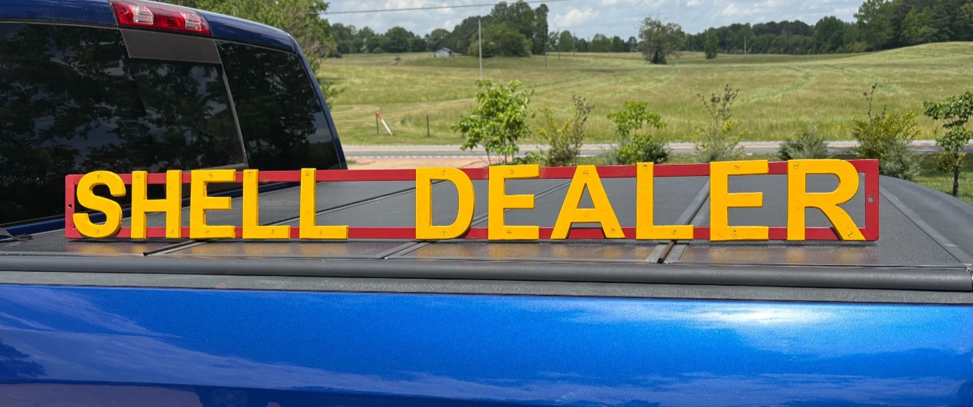 VINTAGE “SHELL DEALER” HEAVY CAST IRON & STEEL DEALER SIGN (RARE) 57″x 5″