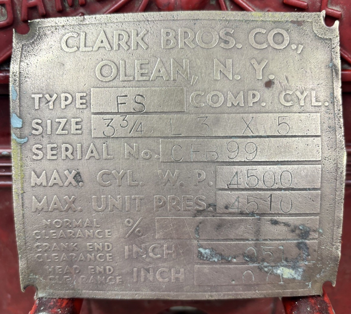 Brass gas compressor tag Clark Brothers Bros sign vintage oilfield Olean NY