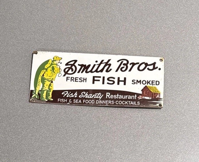 VINTAGE 12” SMITH BROS FISH STORE PORCELAIN SIGN CAR GAS TRUCK OIL MOTORCYCLE
