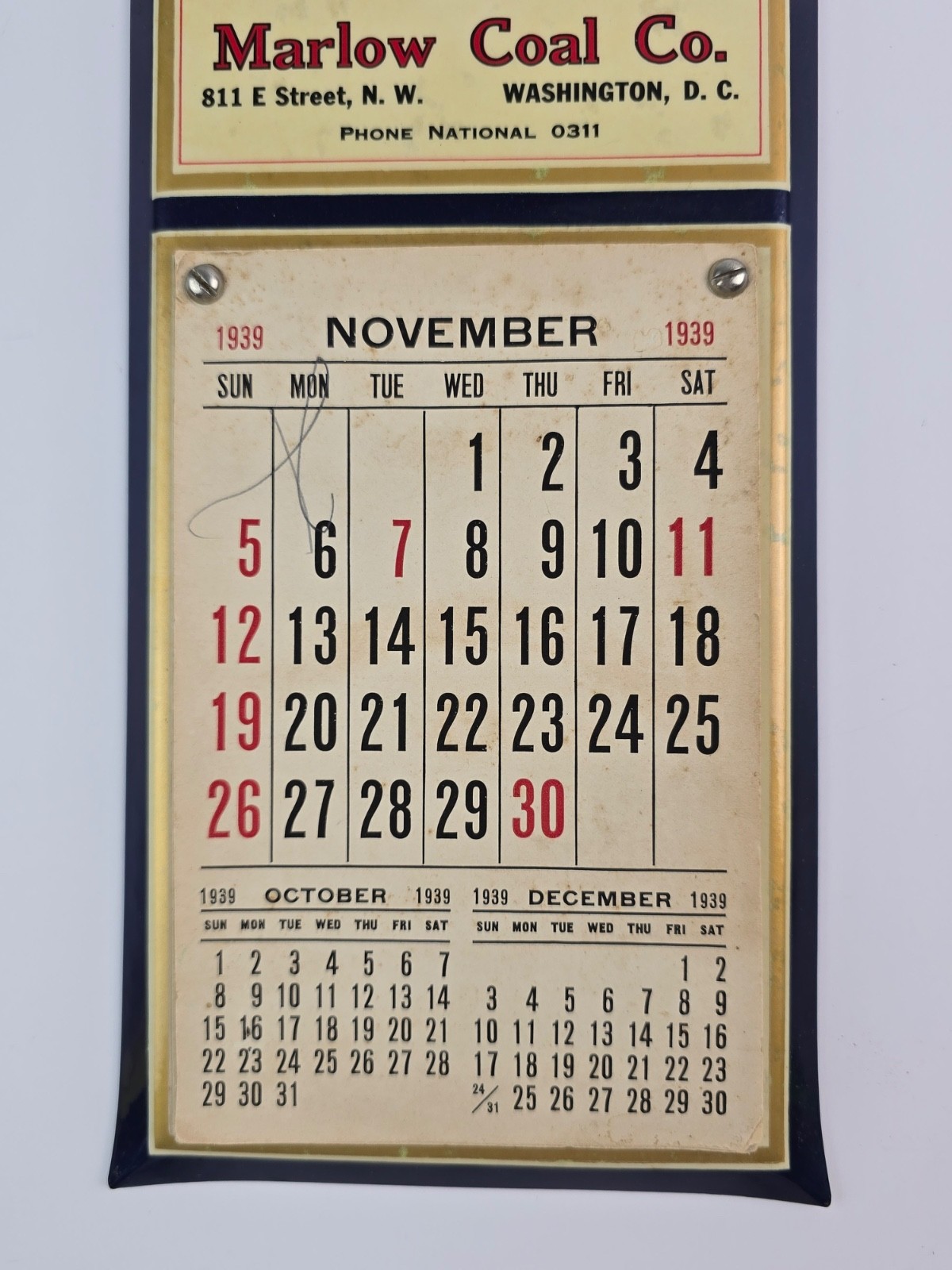 1939 Marlow Coal. Co. Washington D.C. Blue Celluloid Calendar Sign White Oak