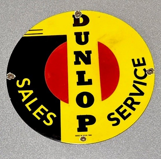 VINTAGE 12” 1948 DUNLOP TIRES PORCELAIN SIGN CAR GAS TRUCK MOTORCYCLE OIL