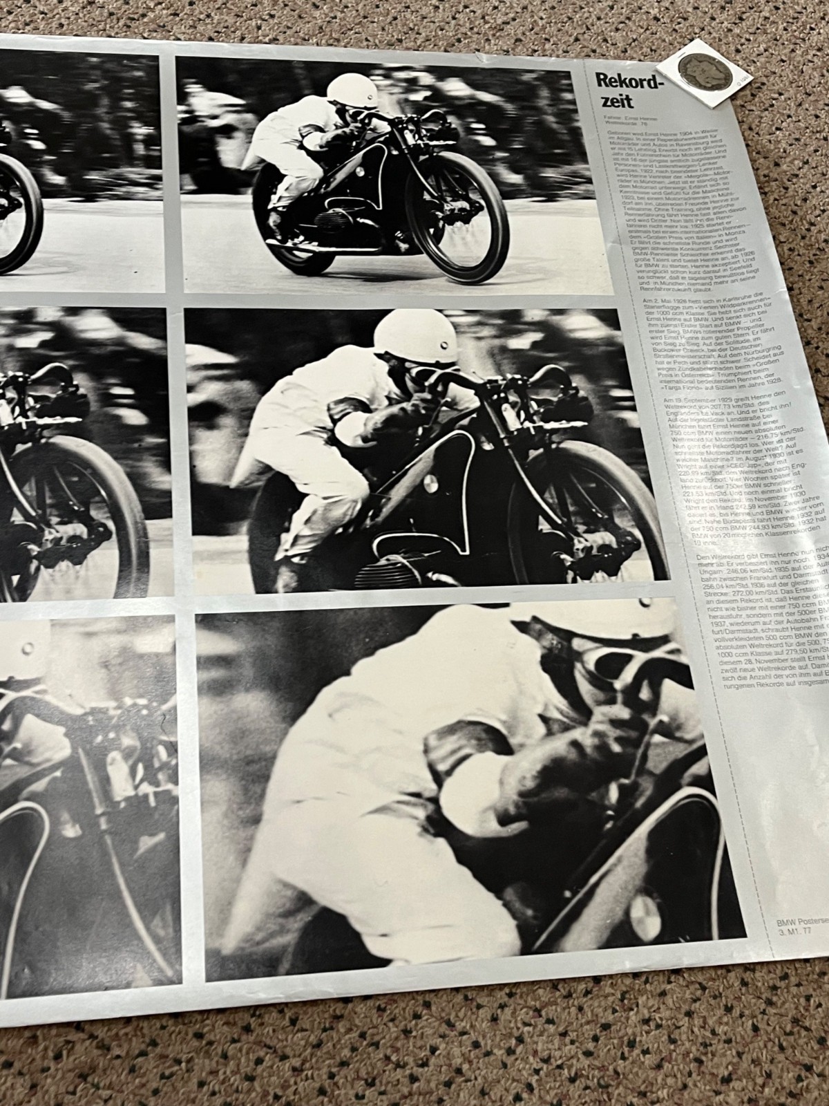 Vintage 70s BMW Motorcycle Poster Record Time Ernst Henne Promo Advertising Sign