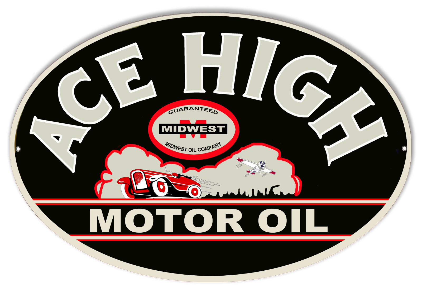 ACE HIGH MOTOR OIL CAR PLANE 18″ OVAL HEAVY DUTY USA MADE METAL GAS ADV SIGN