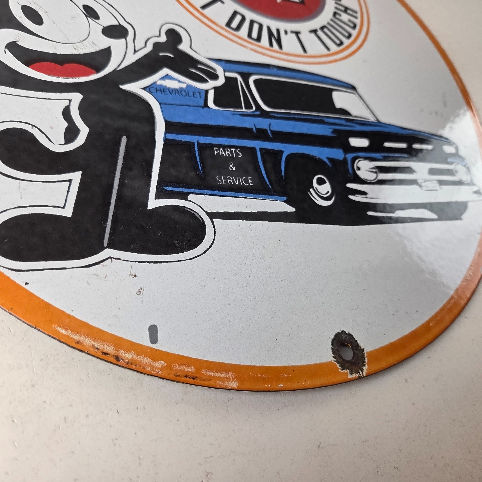 Vintage Chevrolet Sign – Felix Dont Touch Automobile Gas Pump Porcelain Sign