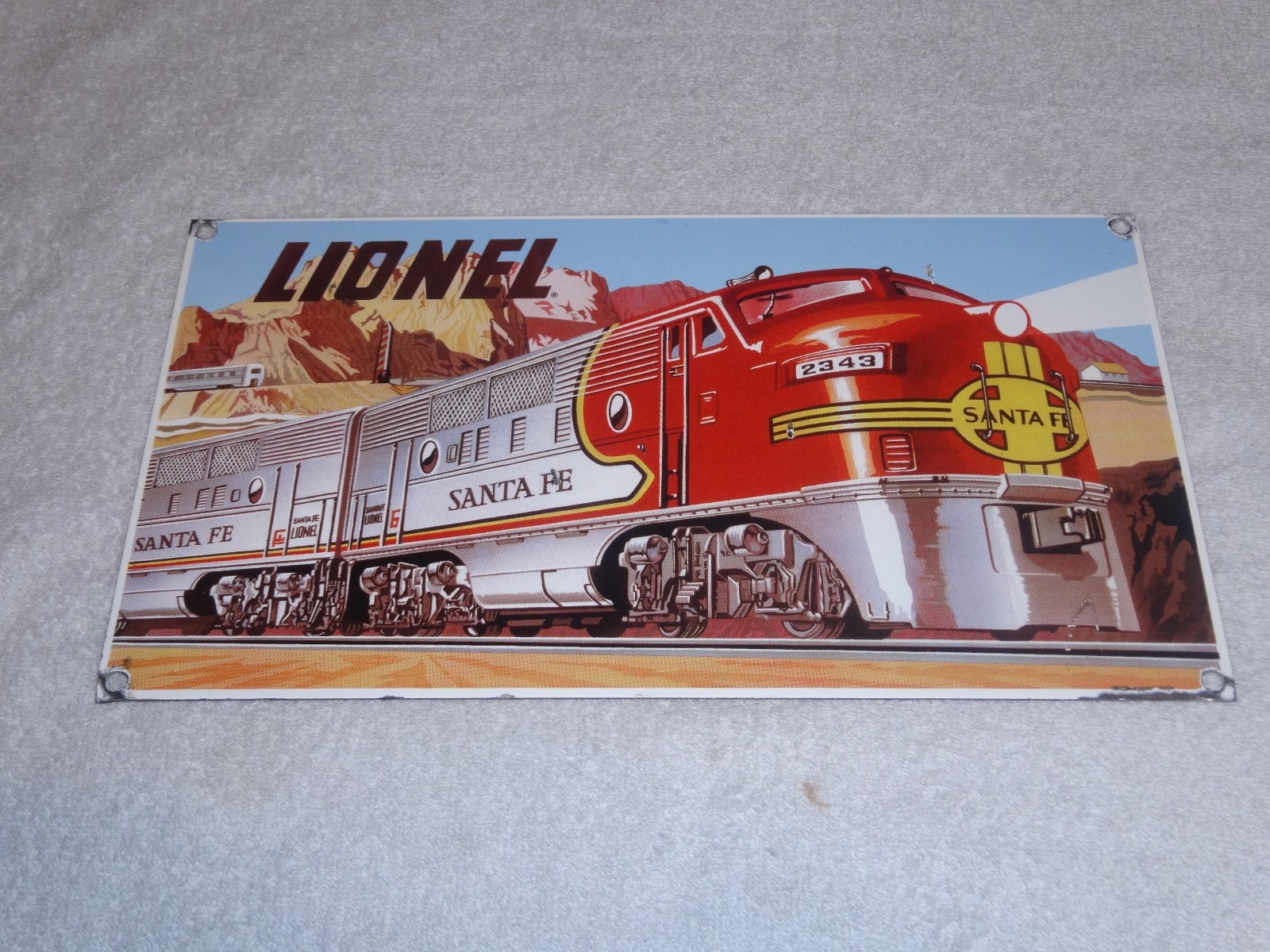 VINTAGE LIONEL SANTA FE TRAIN NORTHERN STEAM LOCOMOTIVE 14″ PORCELAIN METAL SIGN