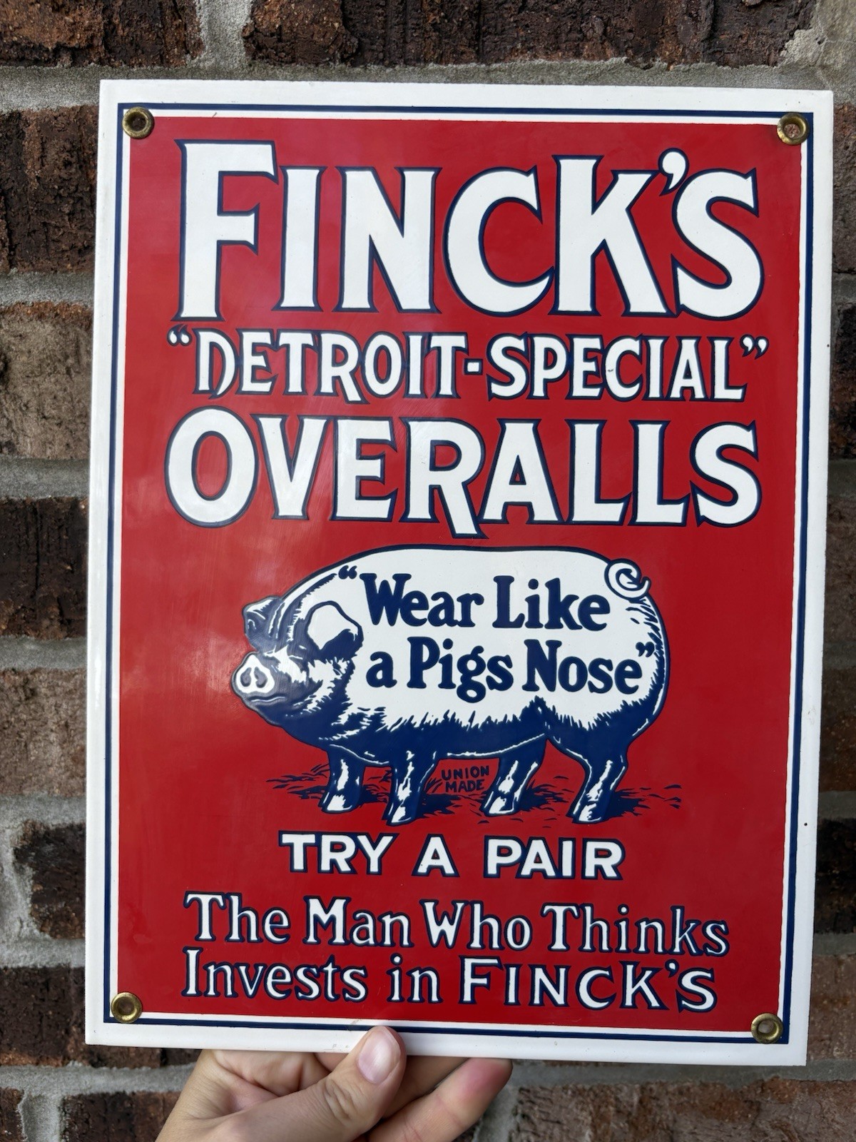 Finck’s Detroit Special Overalls Pig Advertising 12×9 Porcelain Sign