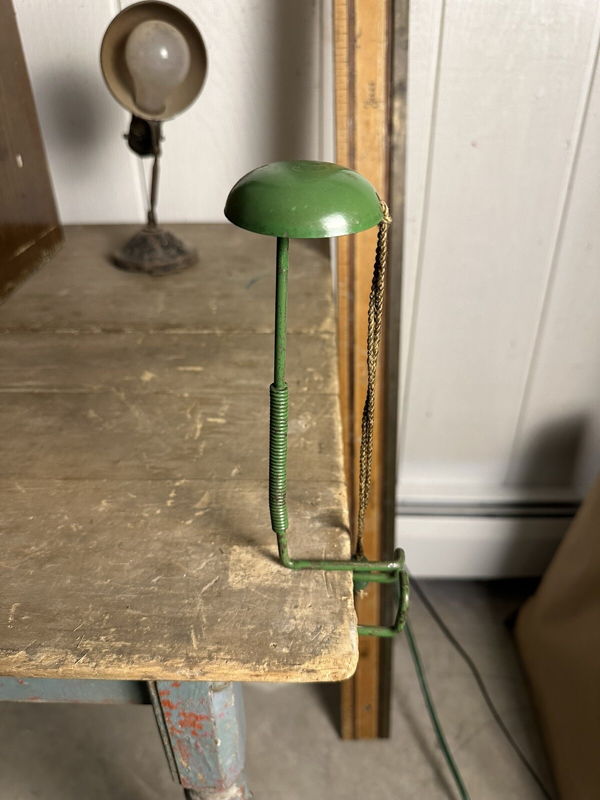 1920s Industrial Table Clamp Hat Display Stand Green Metal Millinery Store