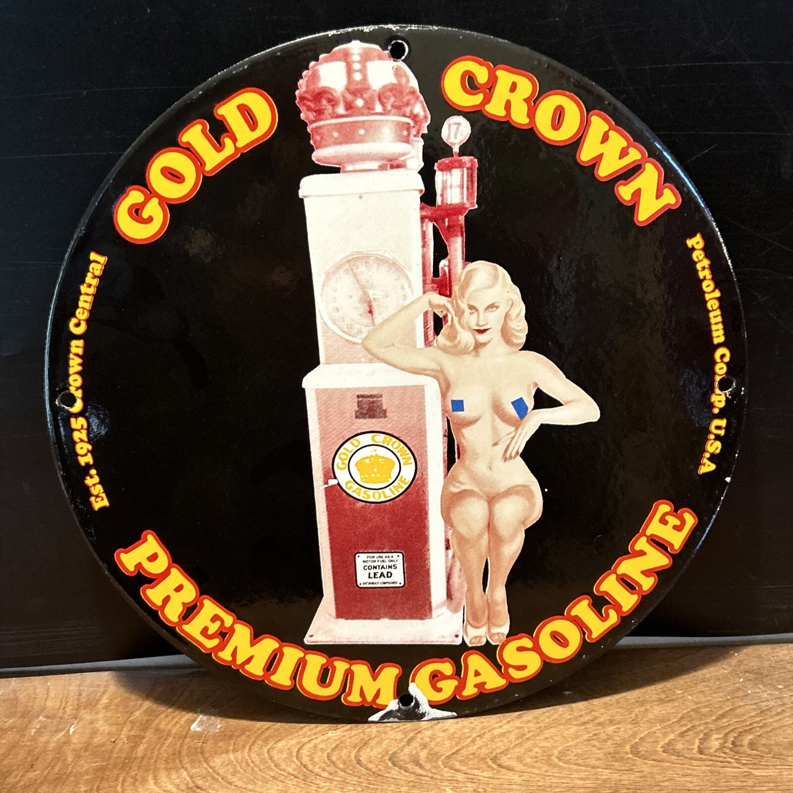 EST. 1925 VINTAGE STYLE ”GOLD CROWN GAS” GAS & PUMP PLATE 12 INCH PORCELAIN