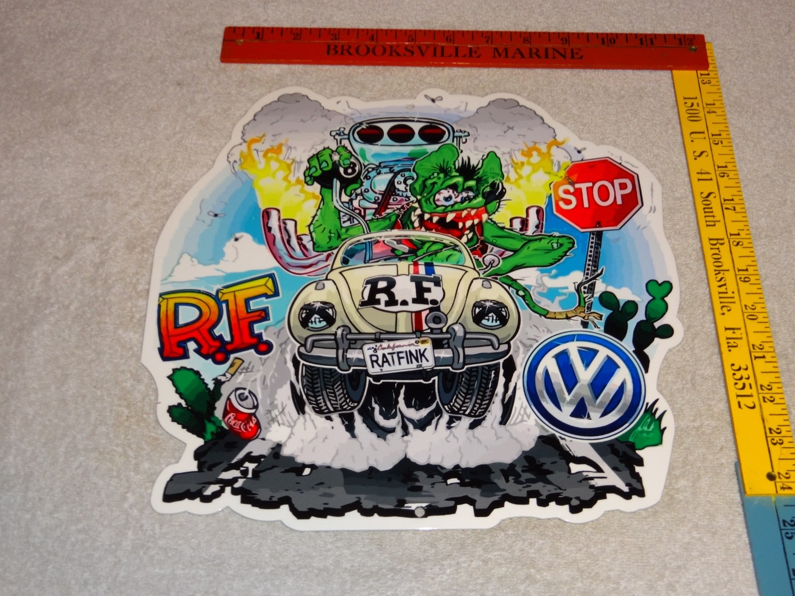 VINTAGE RATFINK VOLKSWAGEN BEETLE BUG PORCELAIN METAL RAT FINK GASOLINE CAR SIGN