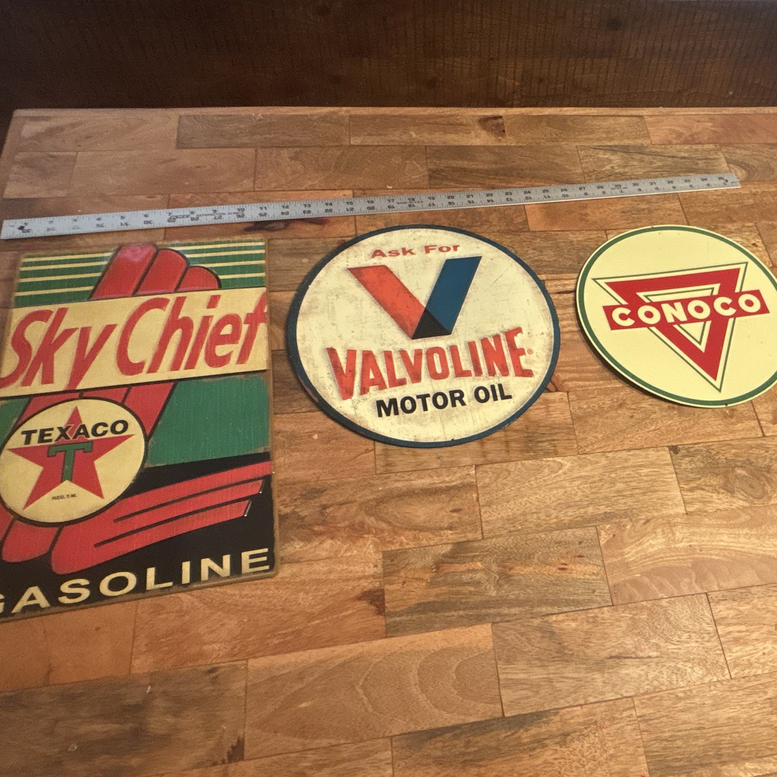 Lot of 3 Vintage Metal Gas Station Signs: Texaco Sky Chief, Conoco, Valvoline