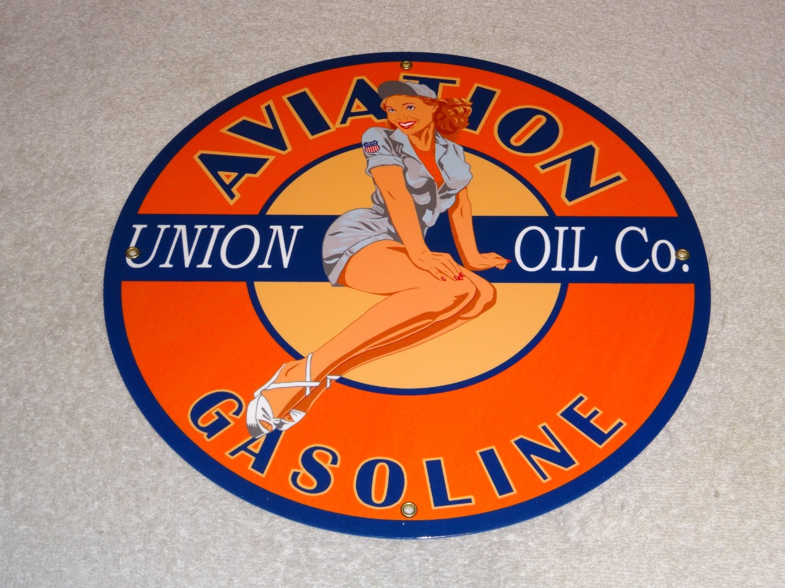 VINTAGE UNION AVIATION GASOLINE STATION +WOMAN 11 3/4″ PORCELAIN METAL OIL SIGN