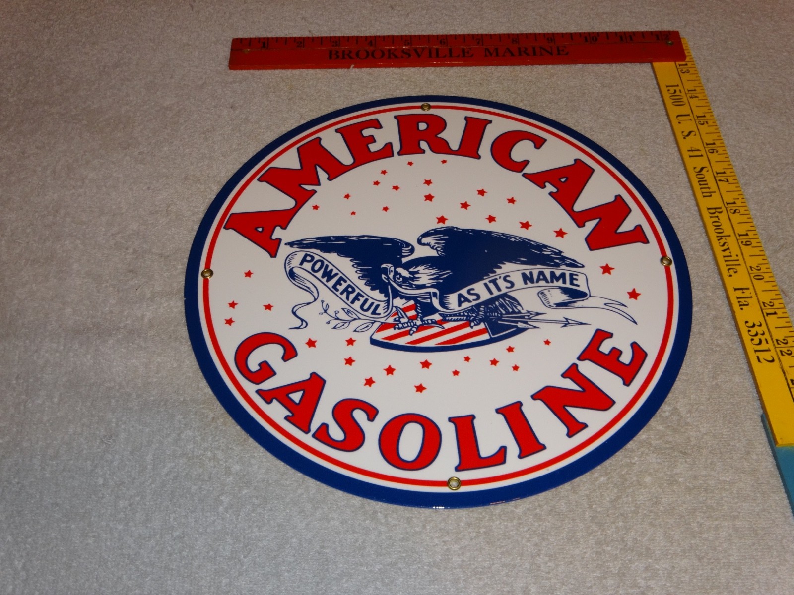 VINTAGE AMERICAN GASOLINE POWERFUL EAGLE 11 3/4″ PORCELAIN METAL GAS & OIL SIGN