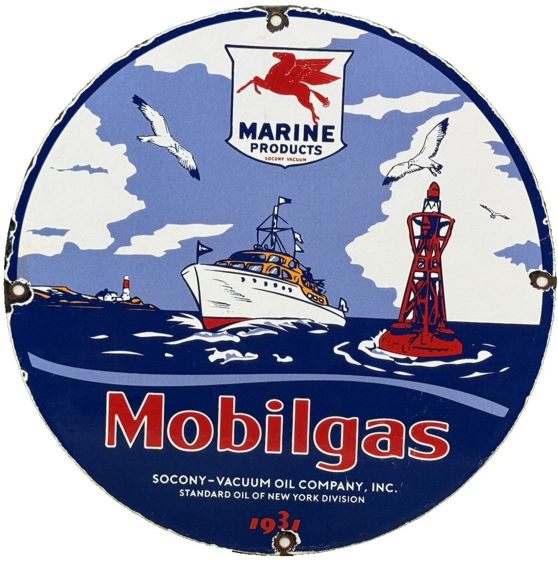 VINTAGE MOBIL MARINE PORCELAIN SIGN DEALERSHIP SERVICE GAS STATION MOBIL OIL