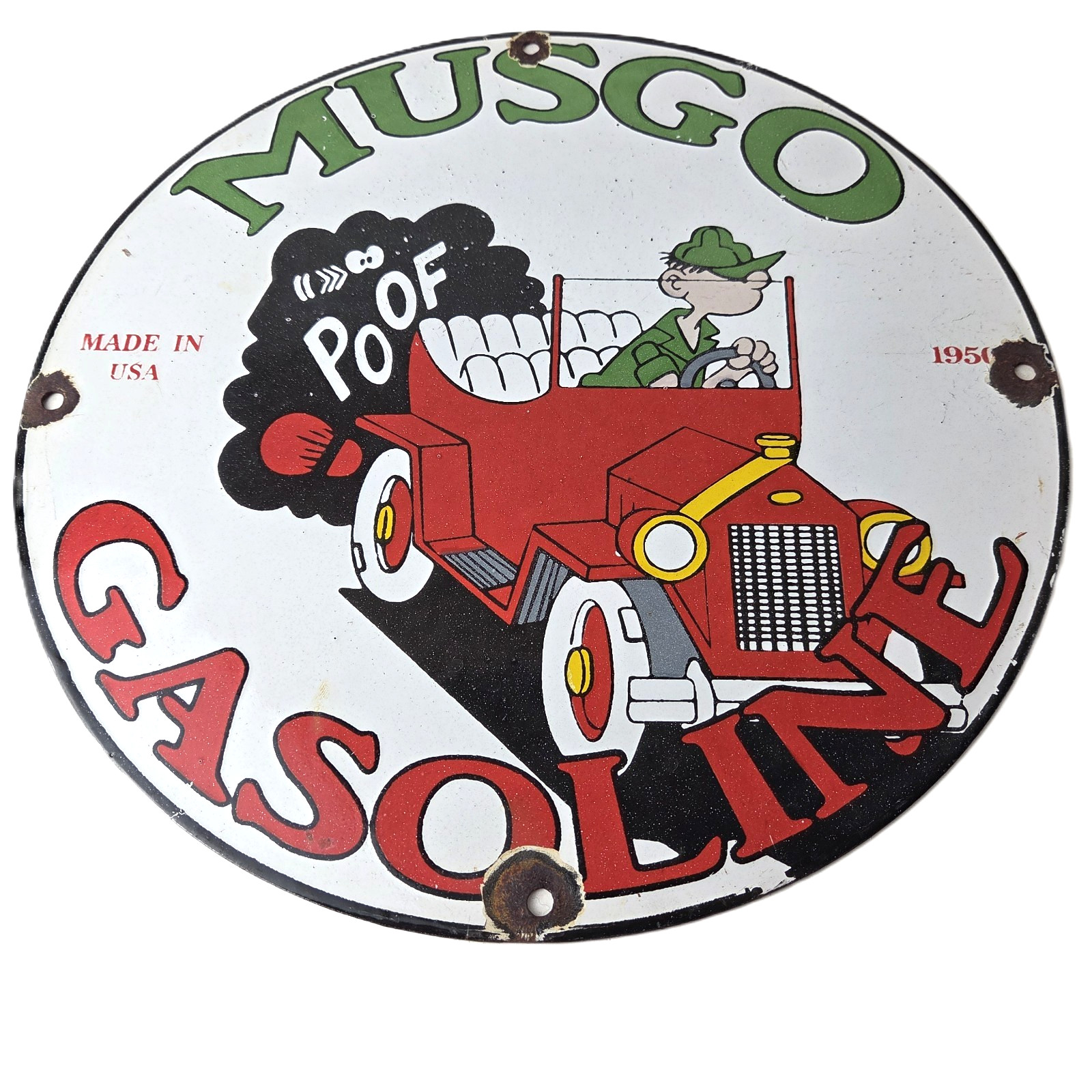 Vintage Musgo Gasoline Sign – Cartoon Comic Gas Service Station Porcelain Sign