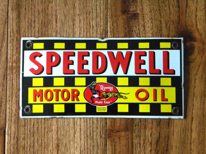 VINTAGE SPEEDWELL PORCELAIN METAL SIGN 7-3/4″x 3-7/8″ MOTOR OIL PUMP GAS STATION