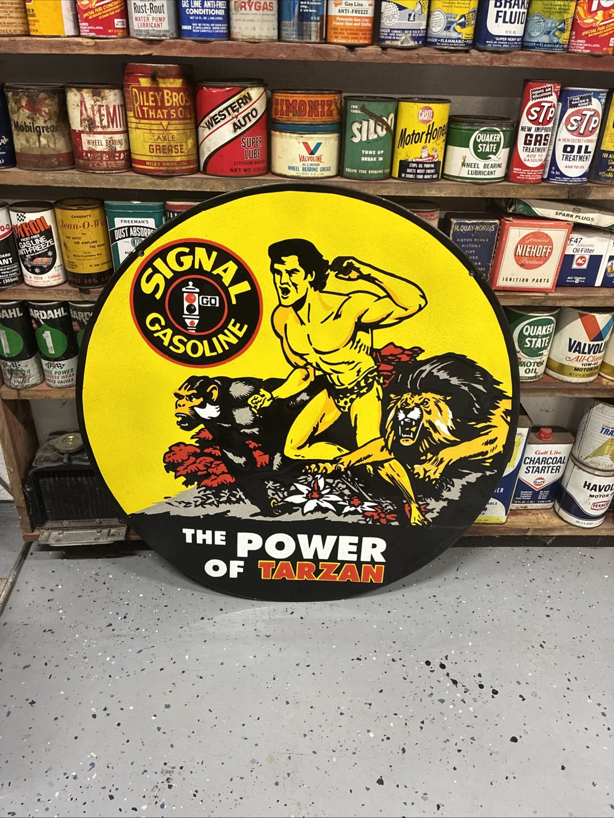 SIGNAL GASOLINE PORCELAIN THE POWER OF TARZAN SIGN 30” Service Station Oil Gas