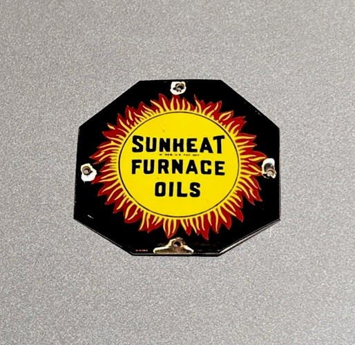 VINTAGE SUNSET FURNACE FUEL SUN PORCELAIN SIGN CAR GAS OIL TRUCK MOTORCYCLE