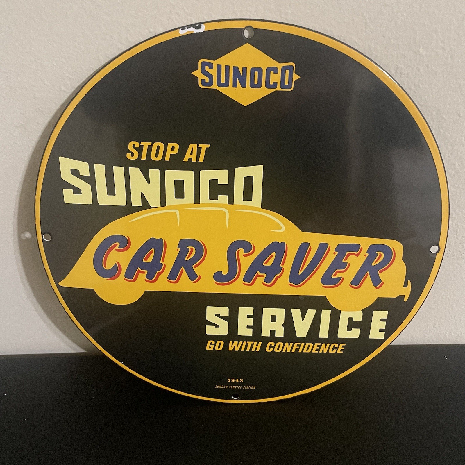 VINTAGE SUNOCO CAR SAVER SERVICE GASOLINE OIL PORCELAIN SIGN