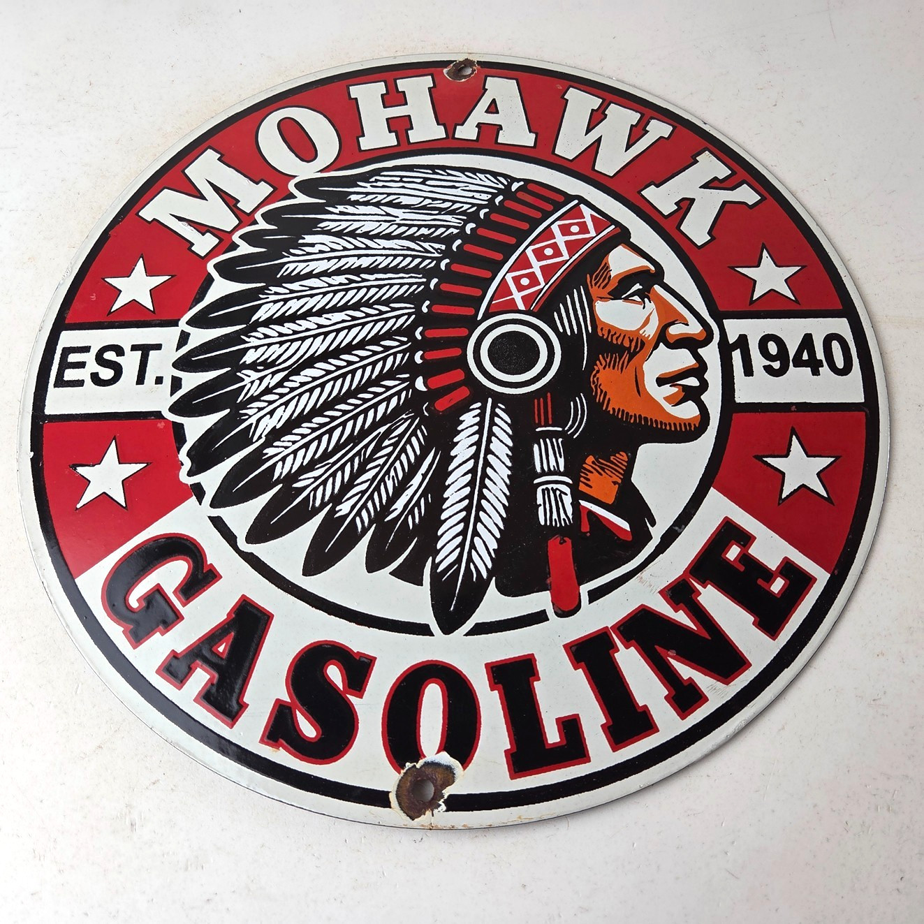 Vintage Mohawk Gasoline Sign – Native American Indian Gas Porcelain Service Sign