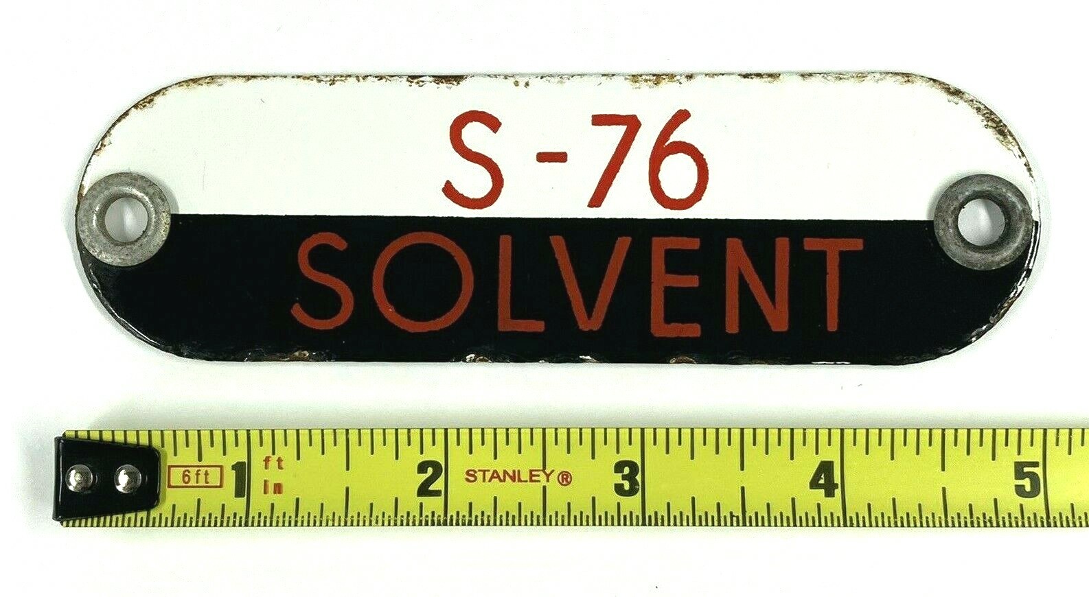 Vintage S-76 Solvent Porcelain Gas Fuel Oil Tag Sign Badge – Black, White & Red