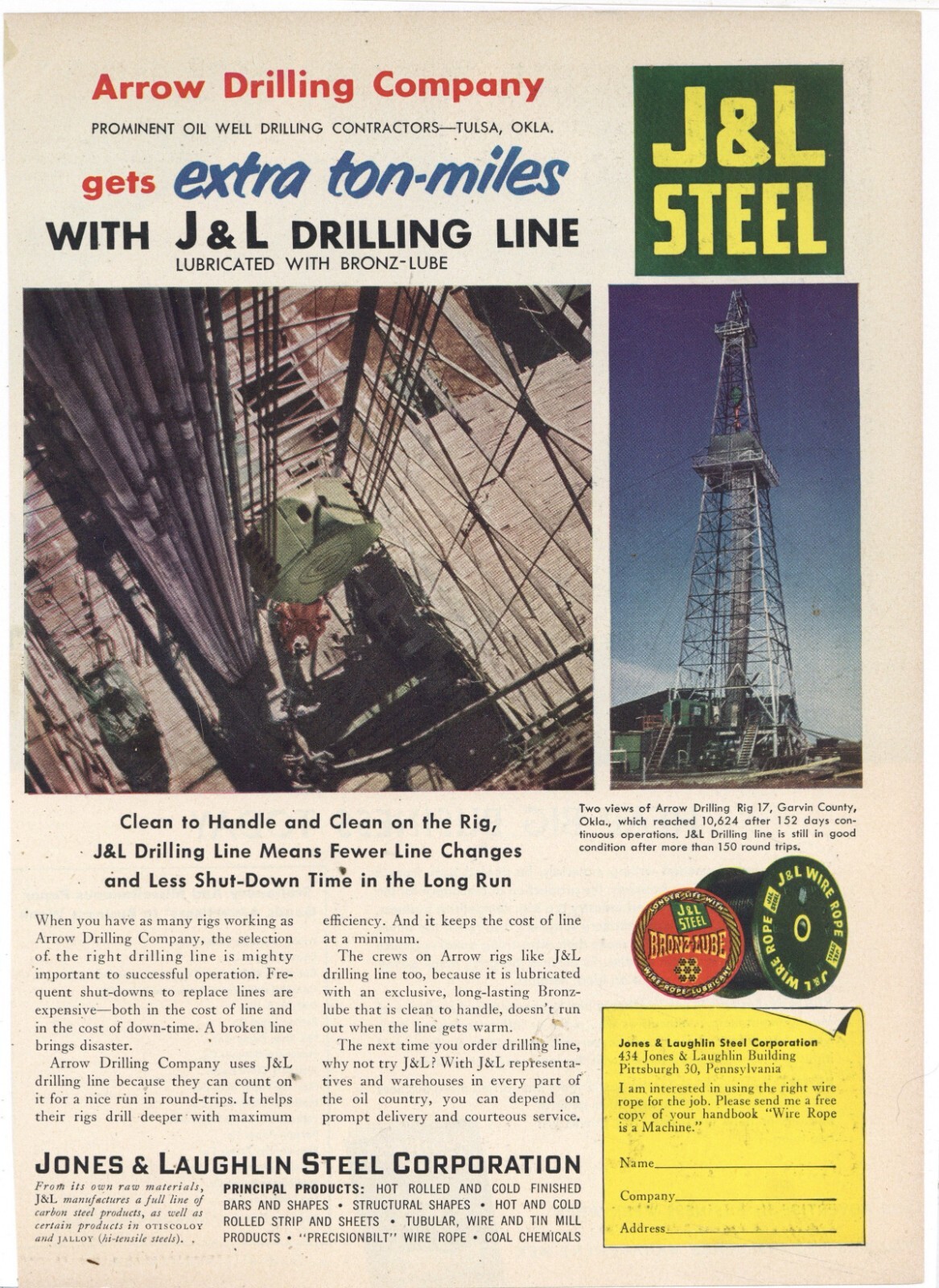 1950 Jones & Laughlin Steel Ad: Arrow Drilling Rig – Garvin County, Oklahoma
