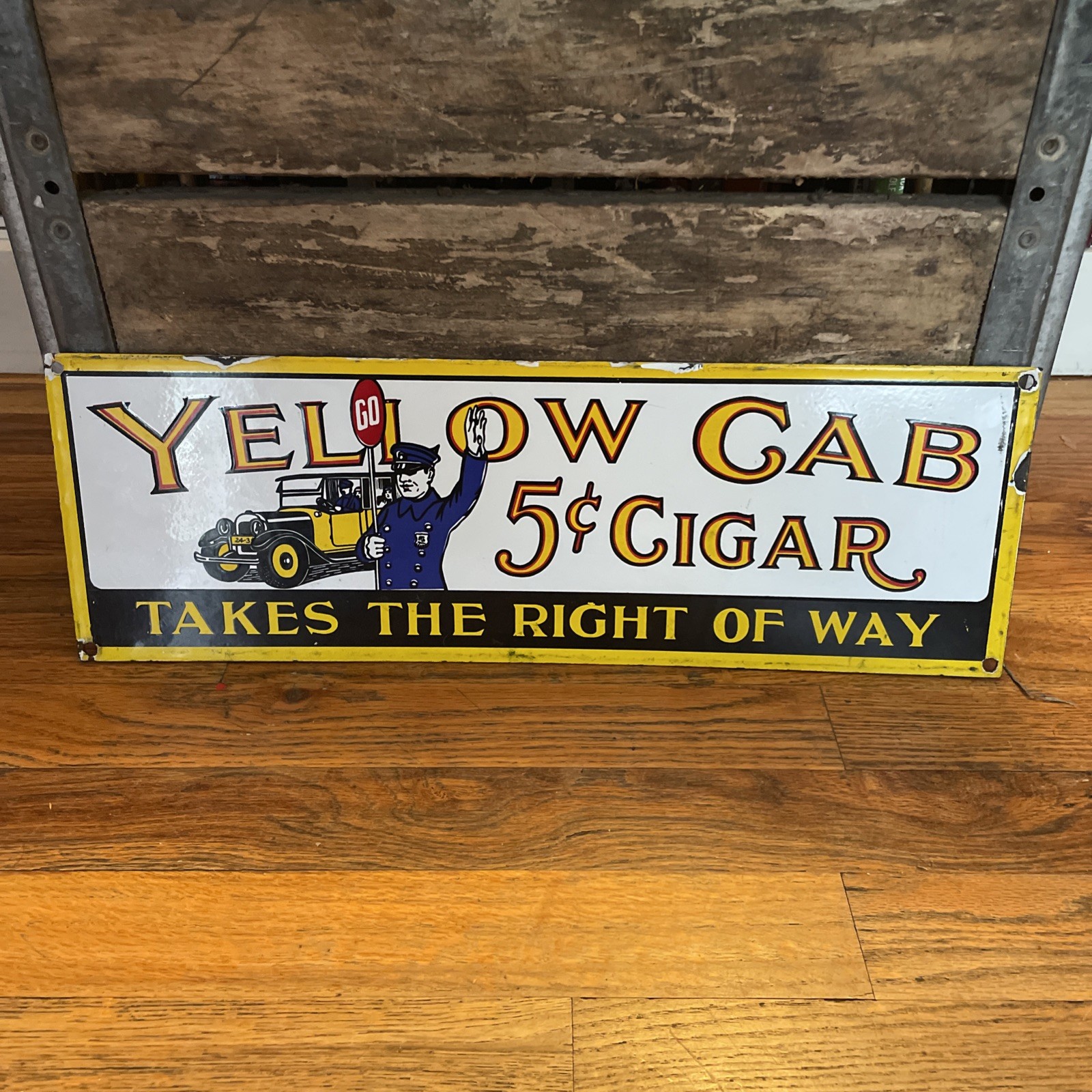 True Vintage Antique Yellow Cab Cigar 5 Cent Porcelain Steel Sign 18” Tobacciana