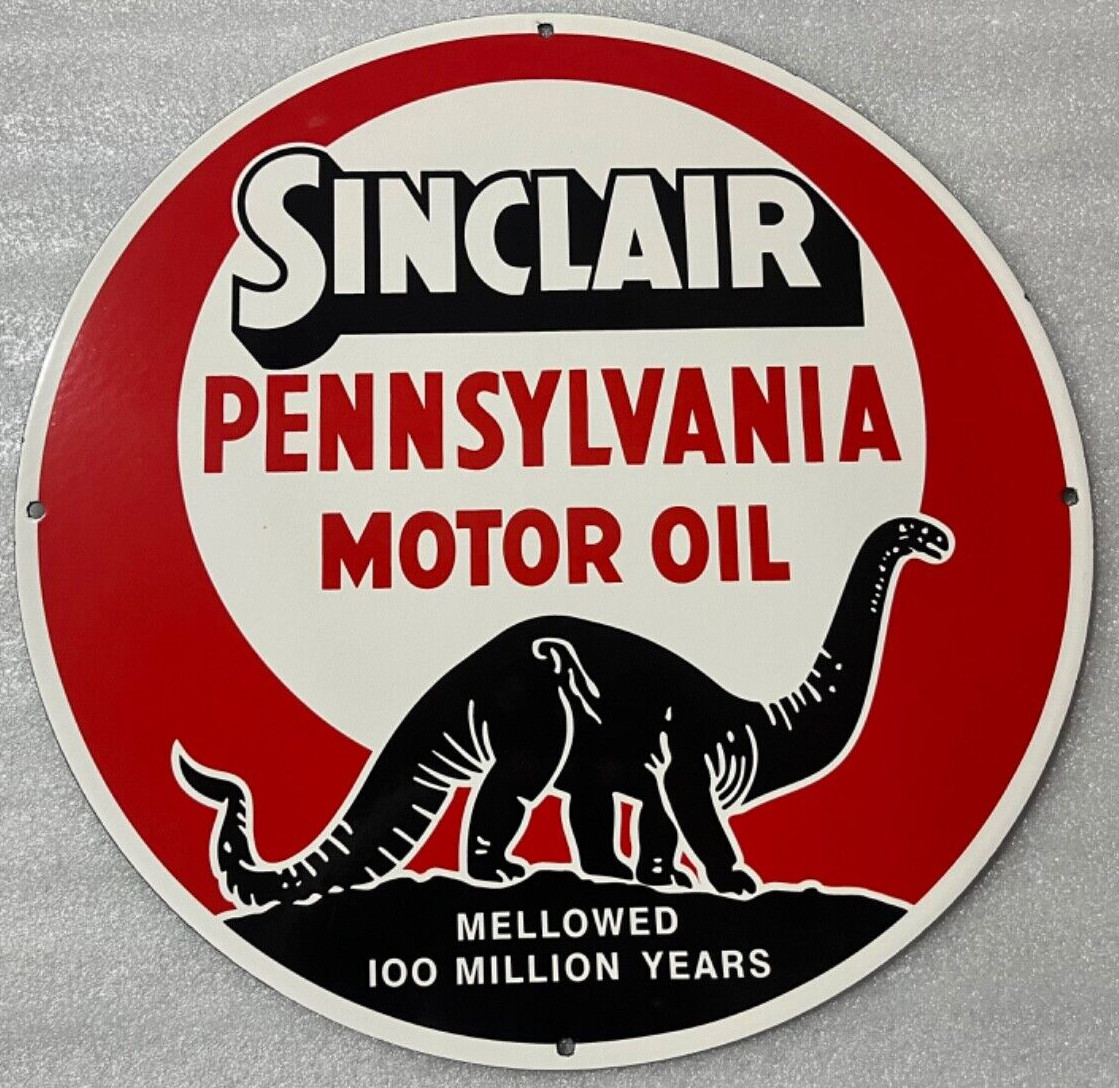 SINCLAIR PENNSYLVANIA MOTOR OIL PORCELAIN ENAMEL GAS & OIL SIGN 18″ SSP