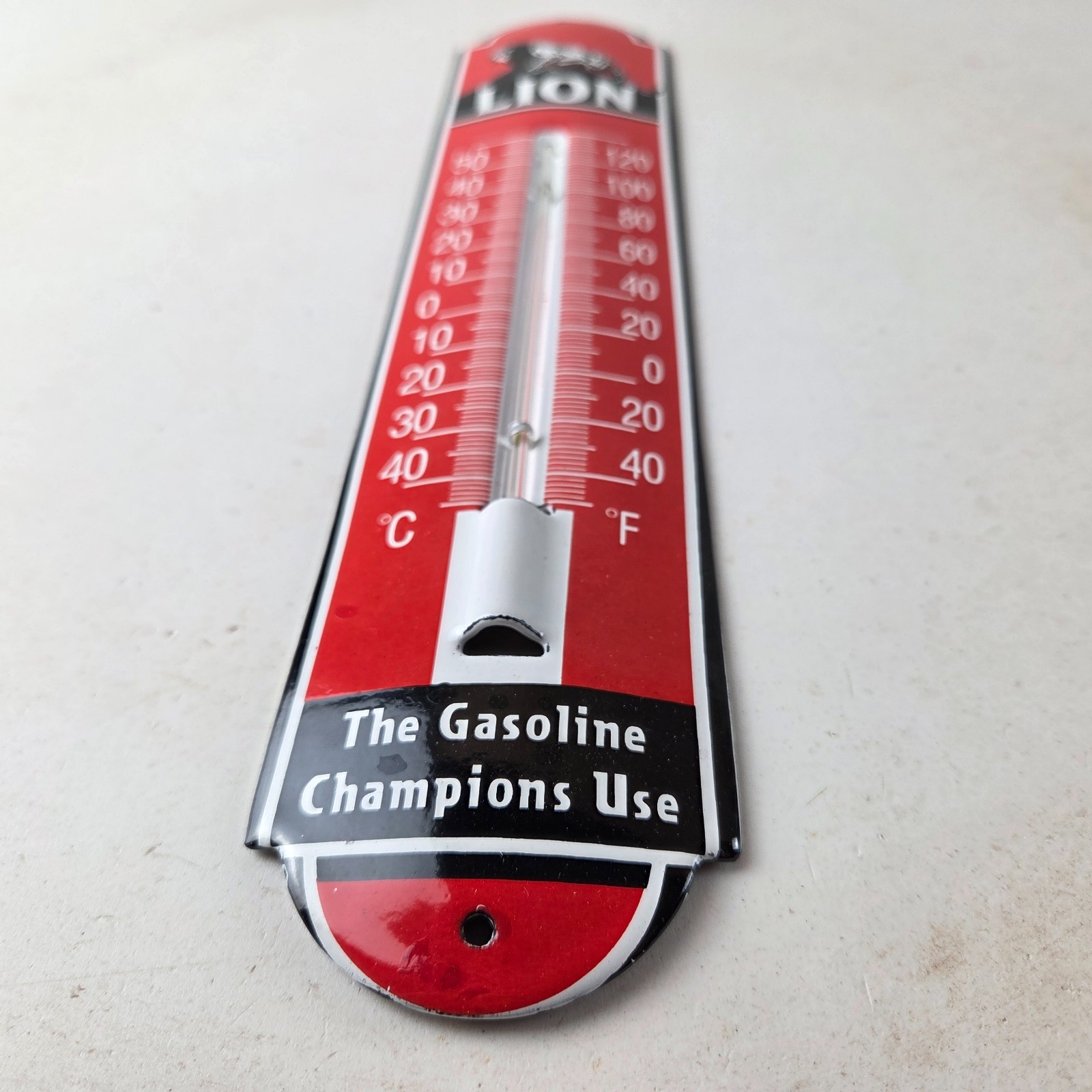 Vintage Lion Gas Sign – Service Station Pump Ad Sign on Porcelain Thermometer