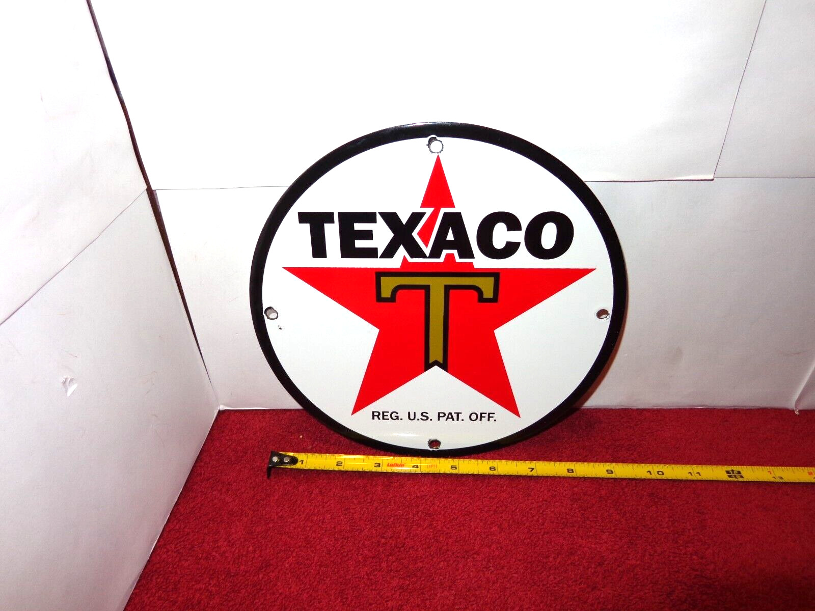 8 3/4 in TEXACO GASOLINE ADVERTISING SIGN HEAVY DIE CUT METAL PORCELAIN – S 280B