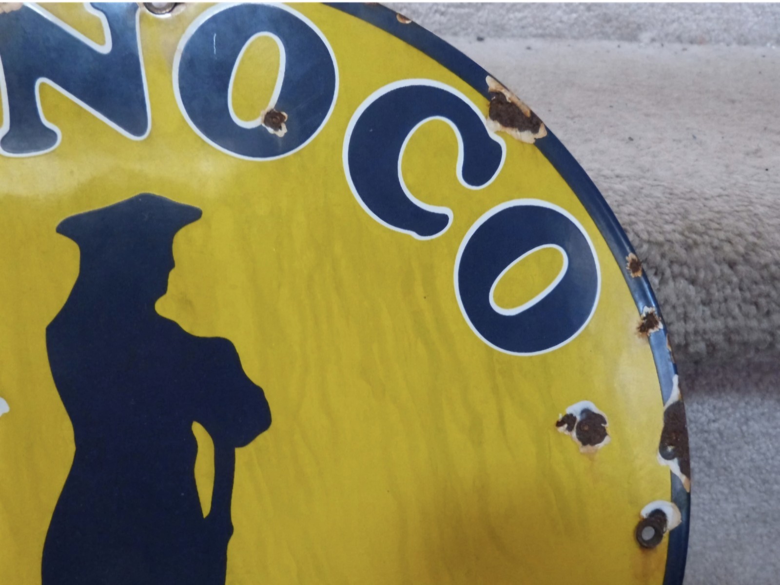 VINTAGE Conoco Gasoline Minuteman Porcelain Enamel Sign 11 3/4″