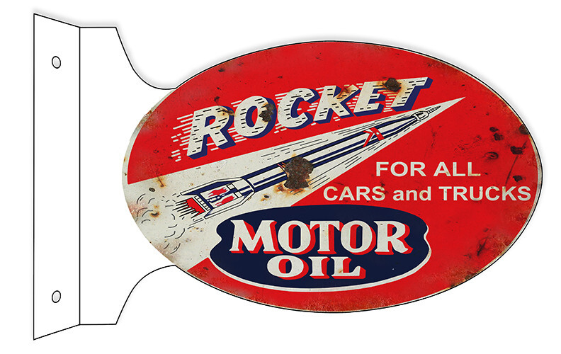 ROCKET MOTOR OIL CARS TRUCKS 18″ HEAVY DUTY USA METAL DOUBLE SIDED GAS ADV SIGN