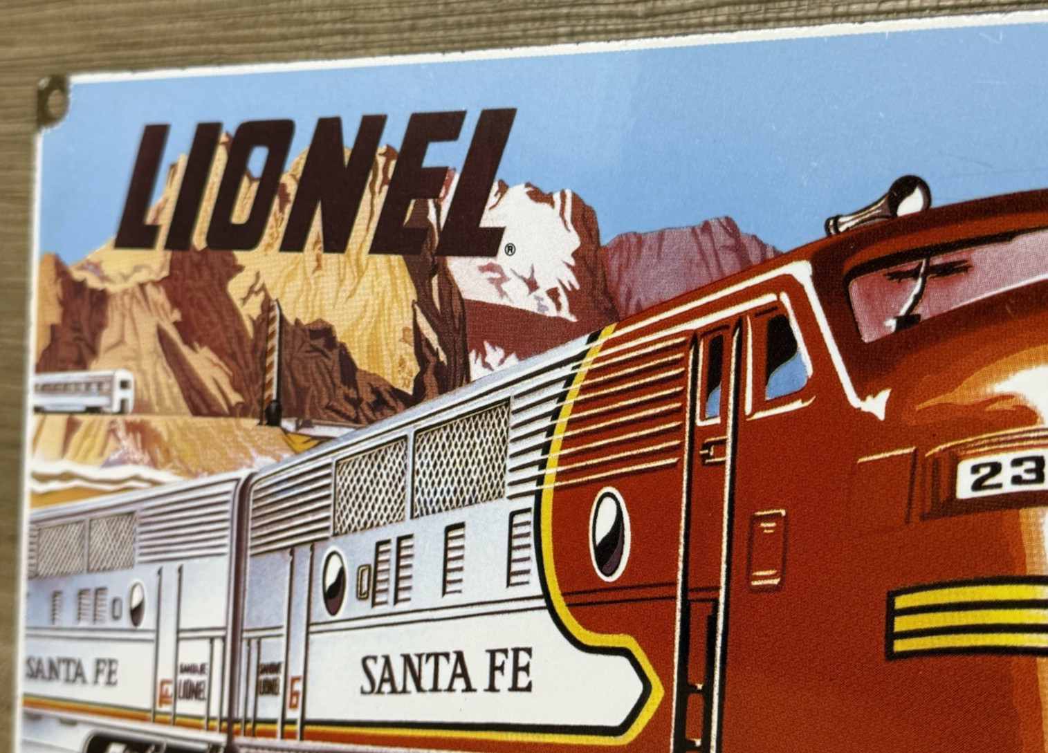 VINTAGE LIONEL TRAINS PORCELAIN SIGN GAS OIL RAIL ROAD ATCHISON TOPEKA SANTA FE