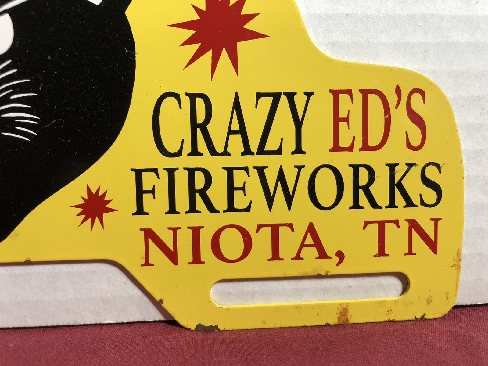 Vintage 1967 Dated Black Cat Crazy Ed’s Fireworks 11” Metal Car Tag Topper Sign