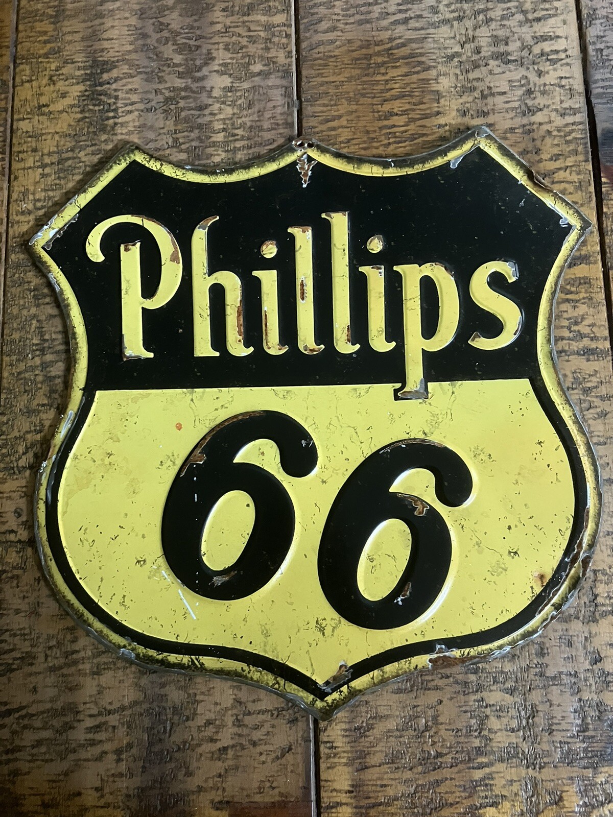 Vintage Phillips 66 Metal Enamel Gas Shop Sign. 12”X 11”.
