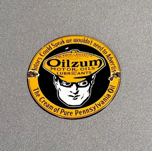VINTAGE OILZUM MOTOR WORCESTER PORCELAIN SIGN CAR GAS TRUCK MOTORCYCLE OIL