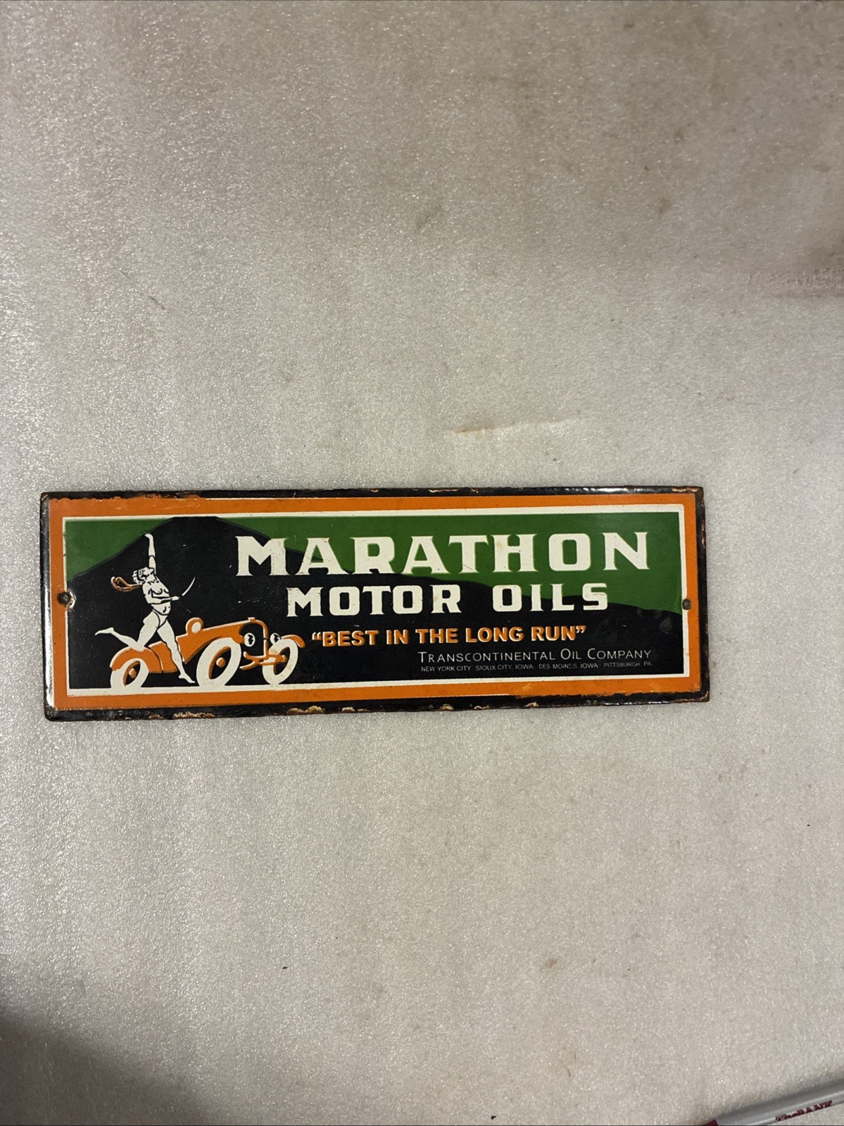 Vintage MARATHON GASOLINE long run Motor oil Porcelain Enamel Sign Gas Station