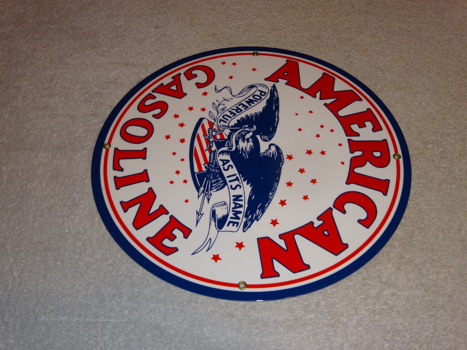 VINTAGE AMERICAN GASOLINE POWERFUL EAGLE 11 3/4″ PORCELAIN METAL GAS & OIL SIGN