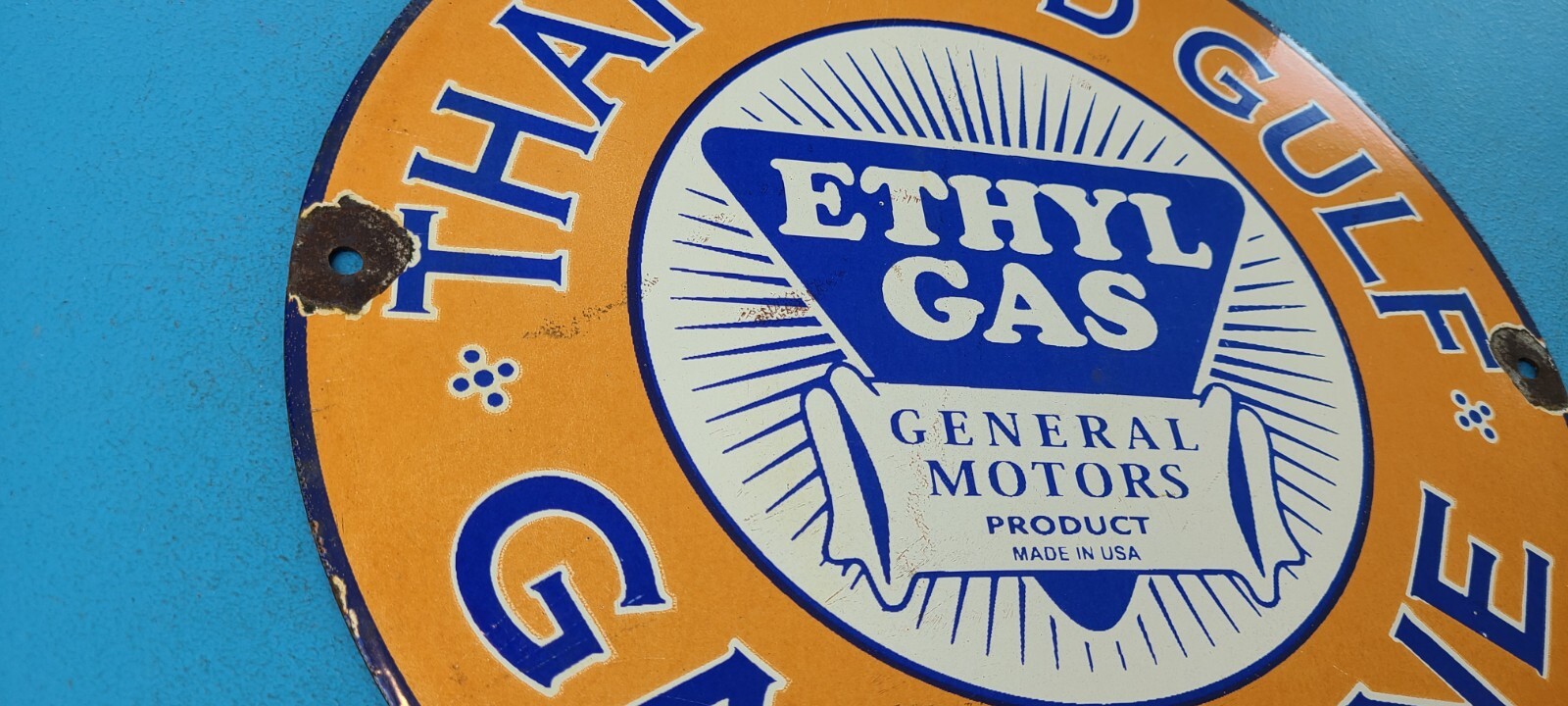 VINTAGE GULF GASOLINE PORCELAIN ETHYL GAS SERVICE STATION GENERAL MOTORS SIGN
