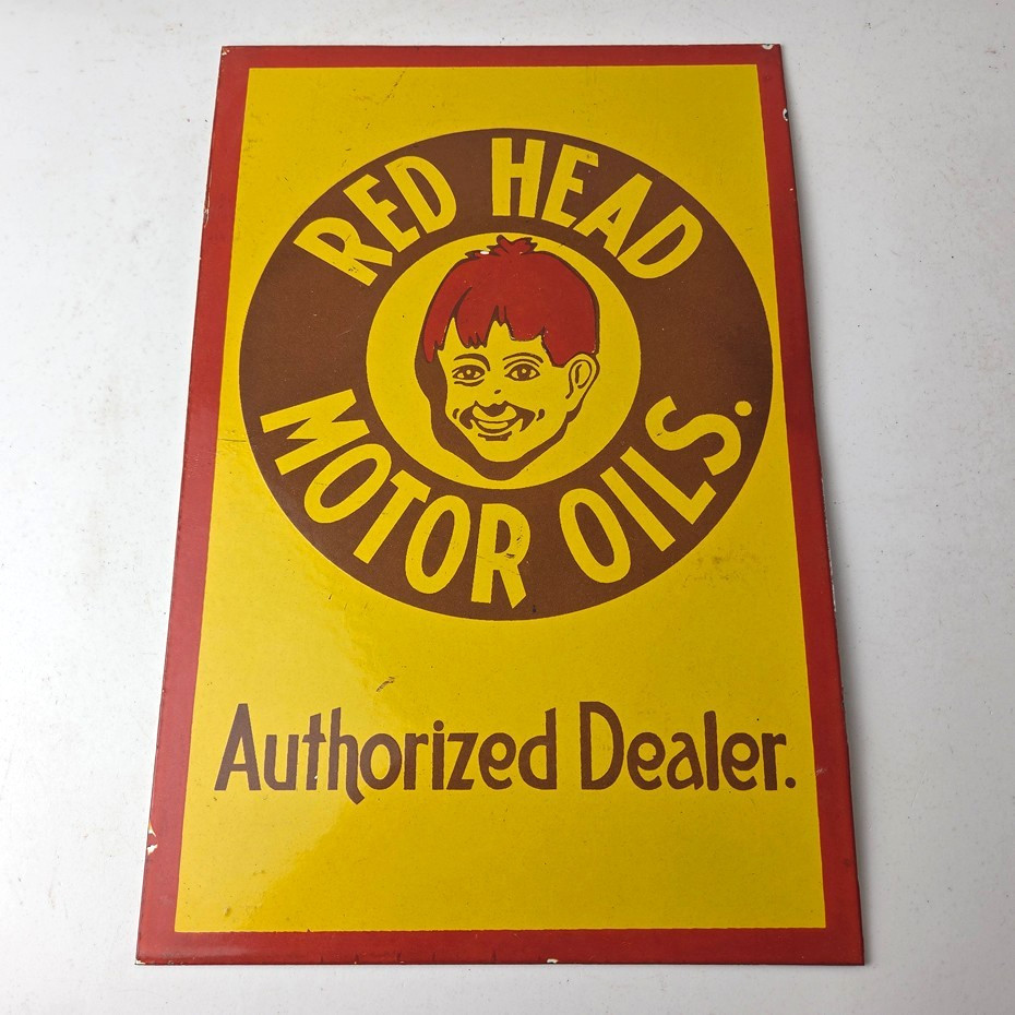 Vintage Red Head Gasoline Sign – Gasoline Pump Authorized Dealer Porcelain Sign