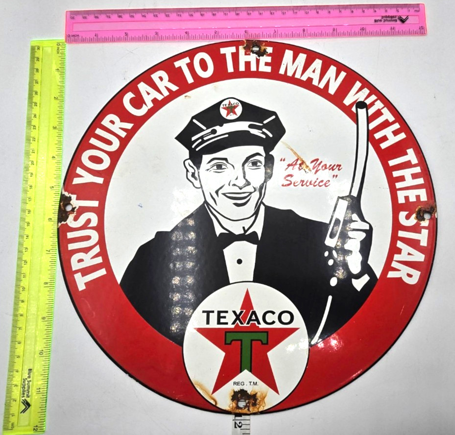 VINTAGE GENUINE TEXACO PORCELAIN SIGN PUMP PLATE GAS STATION OIL 12″ x 12″ 2