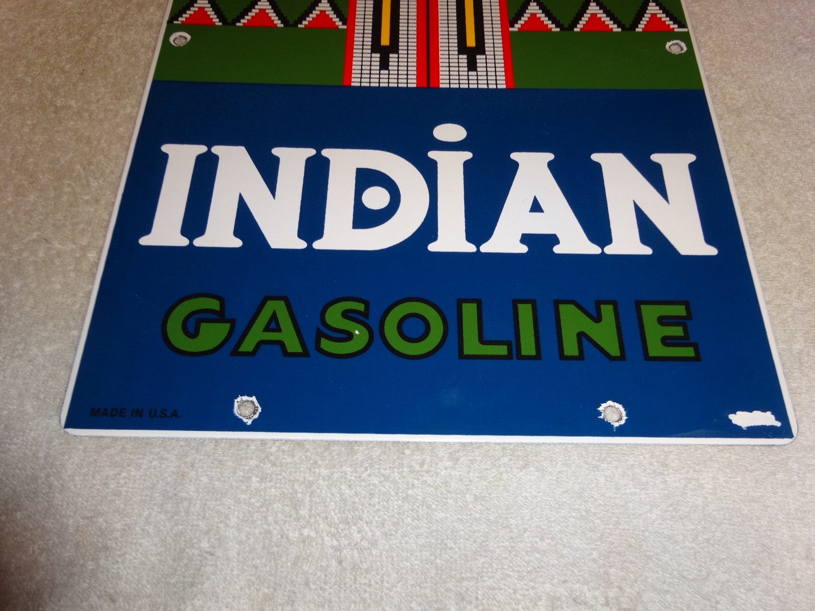 VINTAGE INDIAN GASOLINE 18″ PORCELAIN METAL MOTORCYCLE GAS & OIL PUMP PLATE SIGN
